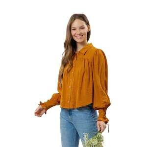 Blu Pepper Mustard Puff Sleeve Button Down Blouse, Size M - New With Tags